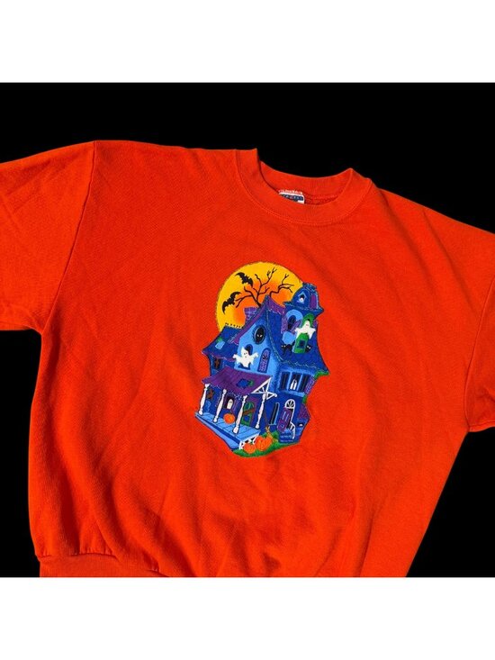 Jerzees Tops - Vintage Halloween Sweatshirt Haunted House Orange Ghosts Bats Spooky 90s USA XL